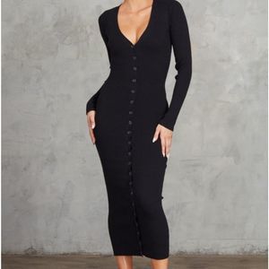Button Front Ribbed Long Dress